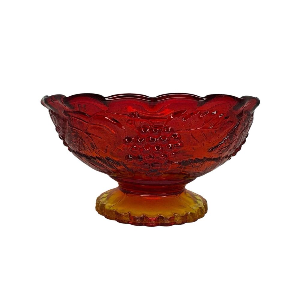 VTG L E Smith Harvest Grapes Amberina Glass Pedestal Bowl Pie Crust Rim 5" Wide